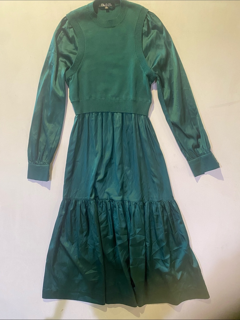 Sleeveless Knit Bodice Emerald Green Maxi Dress with Satin Sleeves